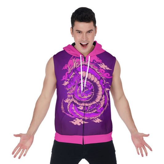 Traditional Japanese Dragon Men's Zipper-Up Sleeveless Hoodie