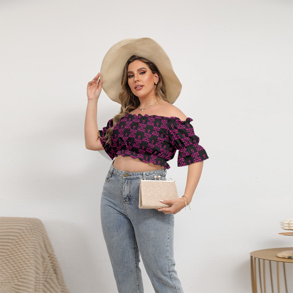 Cute Black & Pink Women's Off-shoulder Cropped Top With Short Puff Sleeve