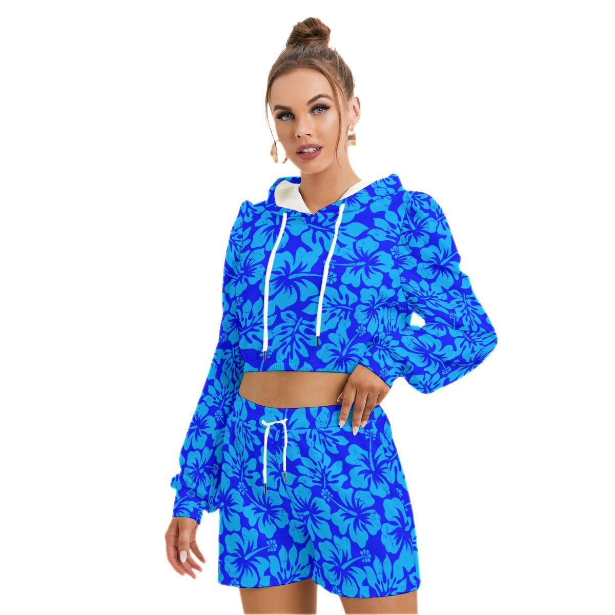 Tropical Hibiscus Flowers Women's Micro Fleece Hoodie And Shorts Set