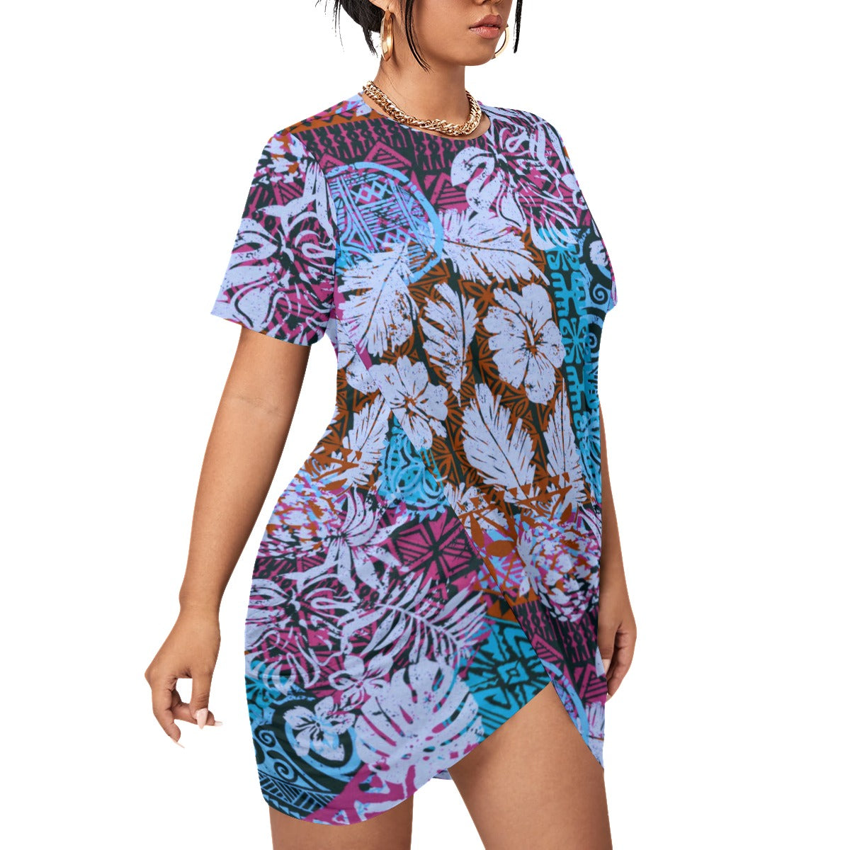 Hawaiian Style Women’s Stacked Hem Dress With Short Sleeve(Plus Size)