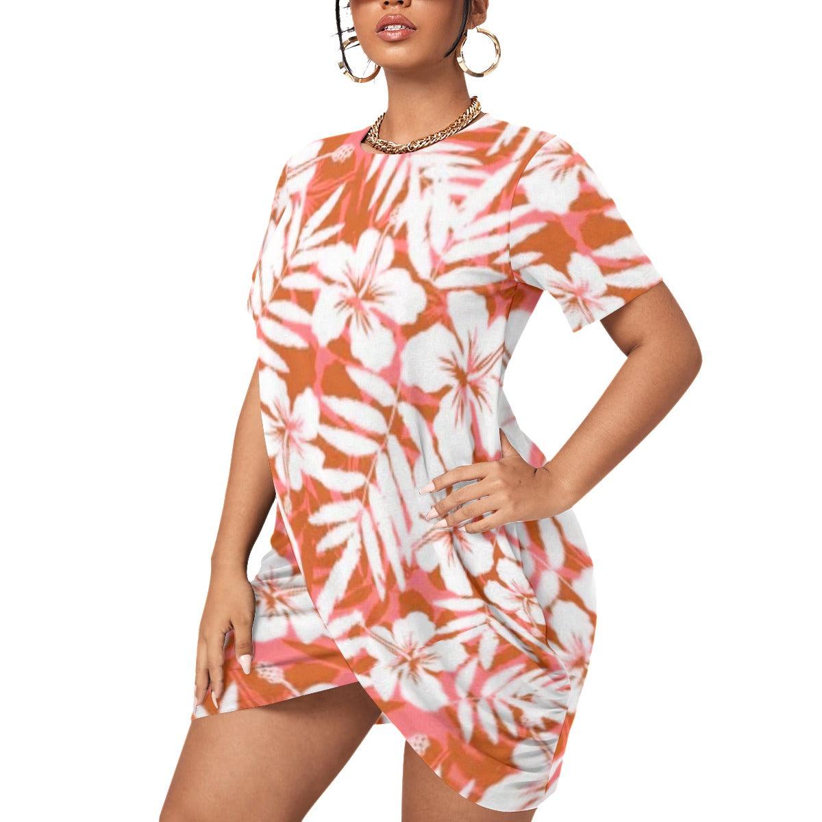 Red Tropical Flowers Women’s Stacked Hem Dress With Short Sleeve (Plus Size)