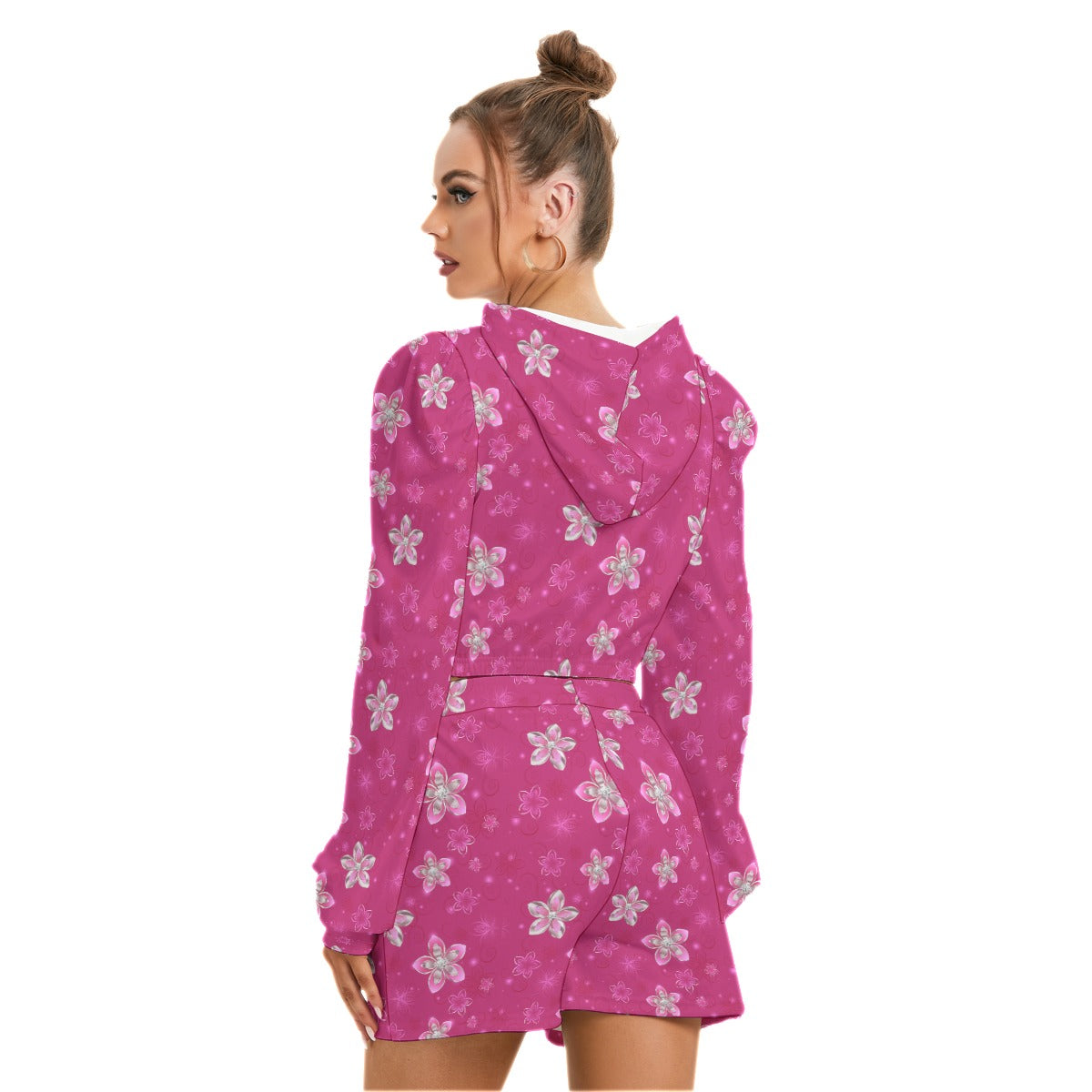 Pink With Silver Flowers Women's Micro Fleece Hoodie And Shorts Set