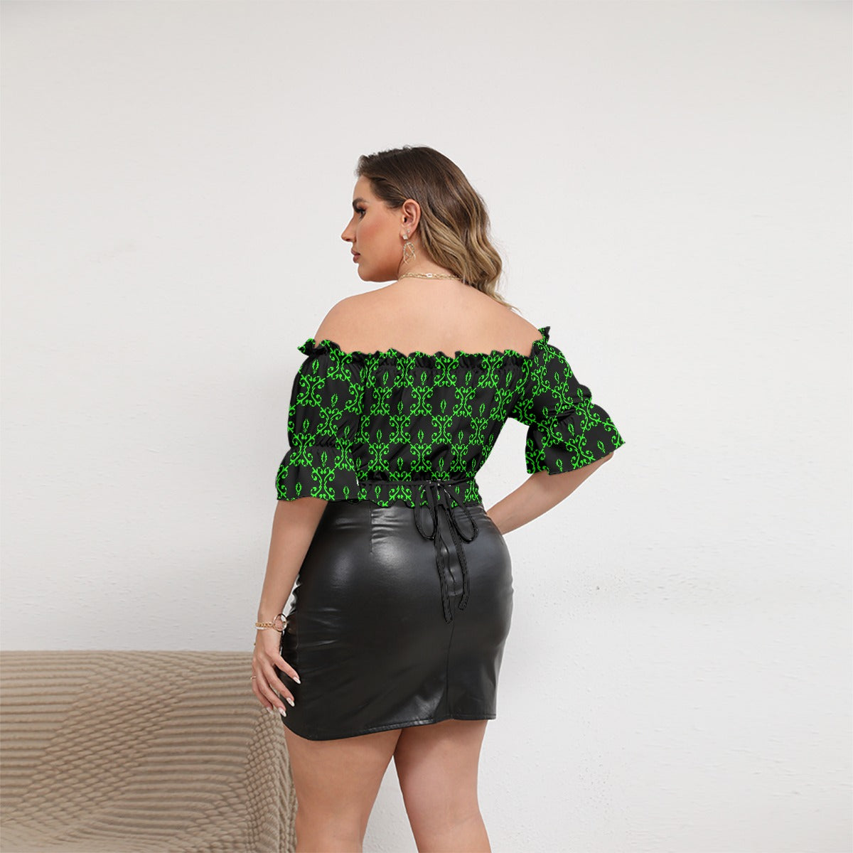Cute Black & Green Women's Off-shoulder Cropped Top With Short Puff Sleeve