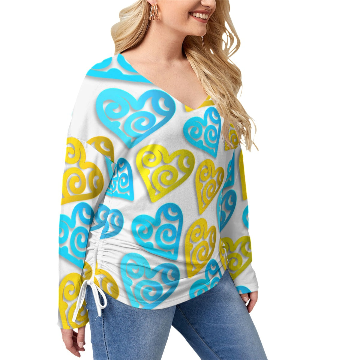 Colorful Paper Hearts Women’s V-neck T-shirt With Side Drawstring(Plus Size)