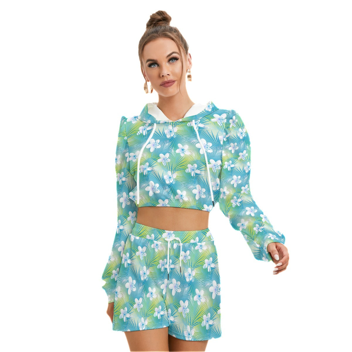Tropical Frangipani Hibiscus With Palms Women's Micro Fleece Hoodie And Shorts Set