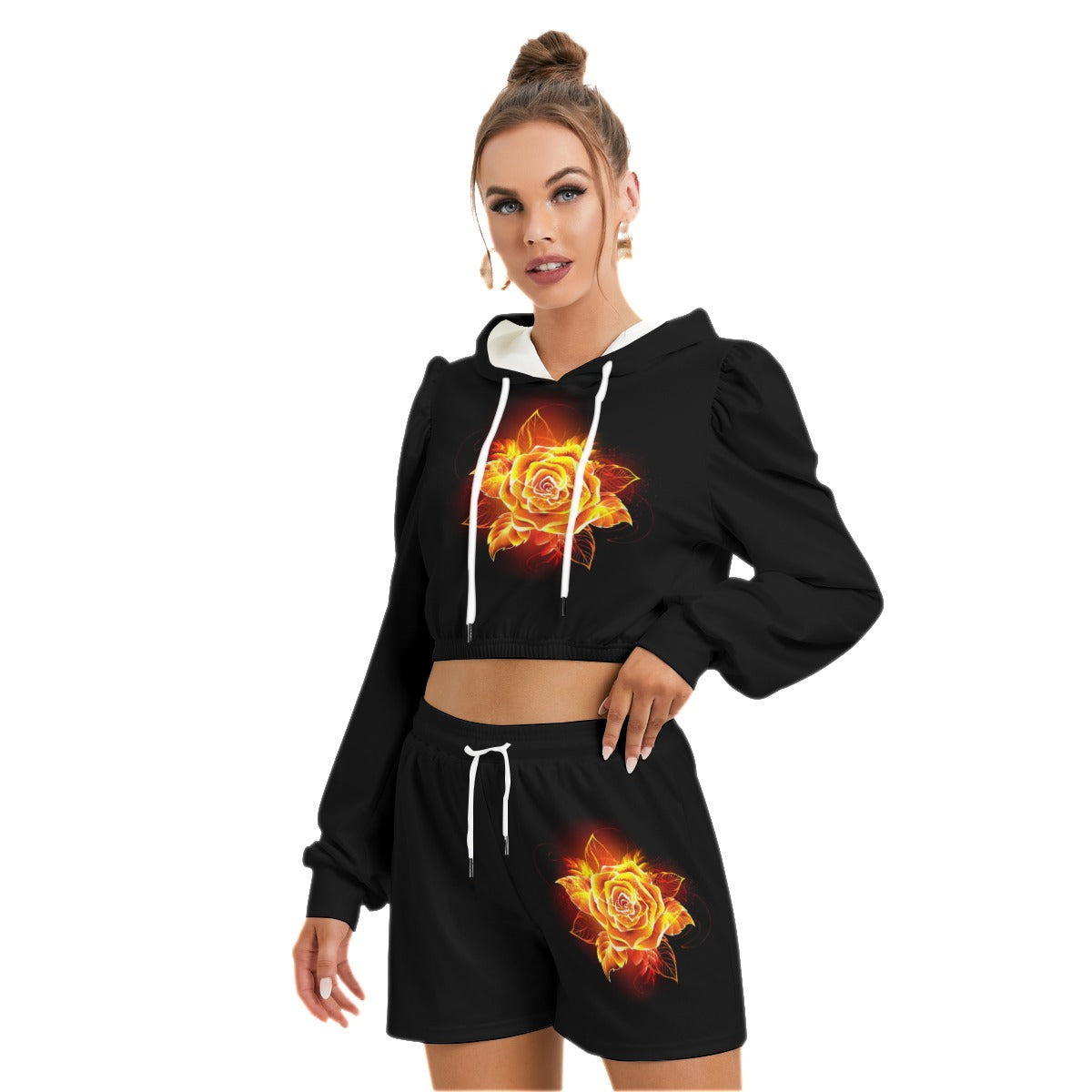 Blooming Orange Rose Women's Micro Fleece Hoodie And Shorts Set