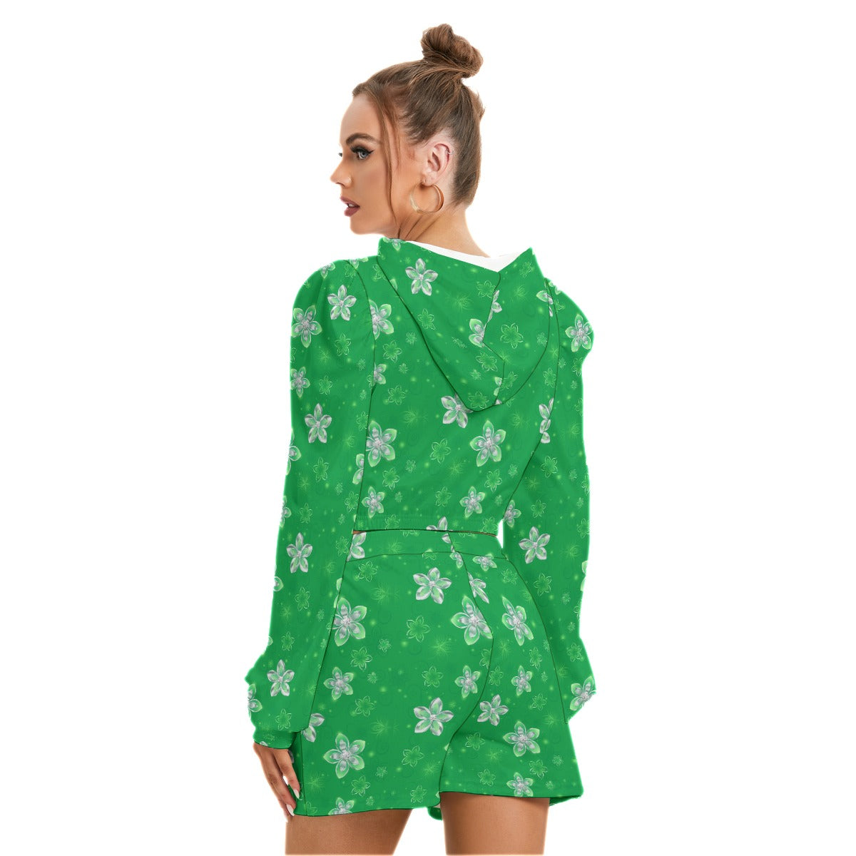 Green With Silver Flowers Women's Micro Fleece Hoodie And Shorts Set