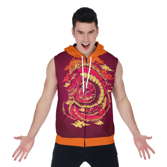 Traditional Japanese Dragon Men's Zipper-Up Sleeveless Hoodie