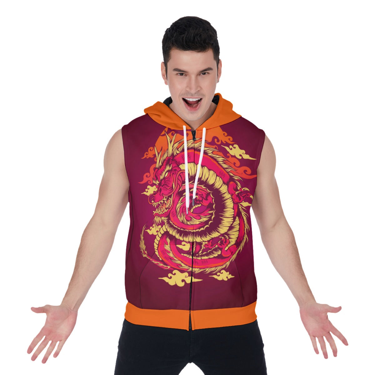 Traditional Japanese Dragon Men's Zipper-Up Sleeveless Hoodie