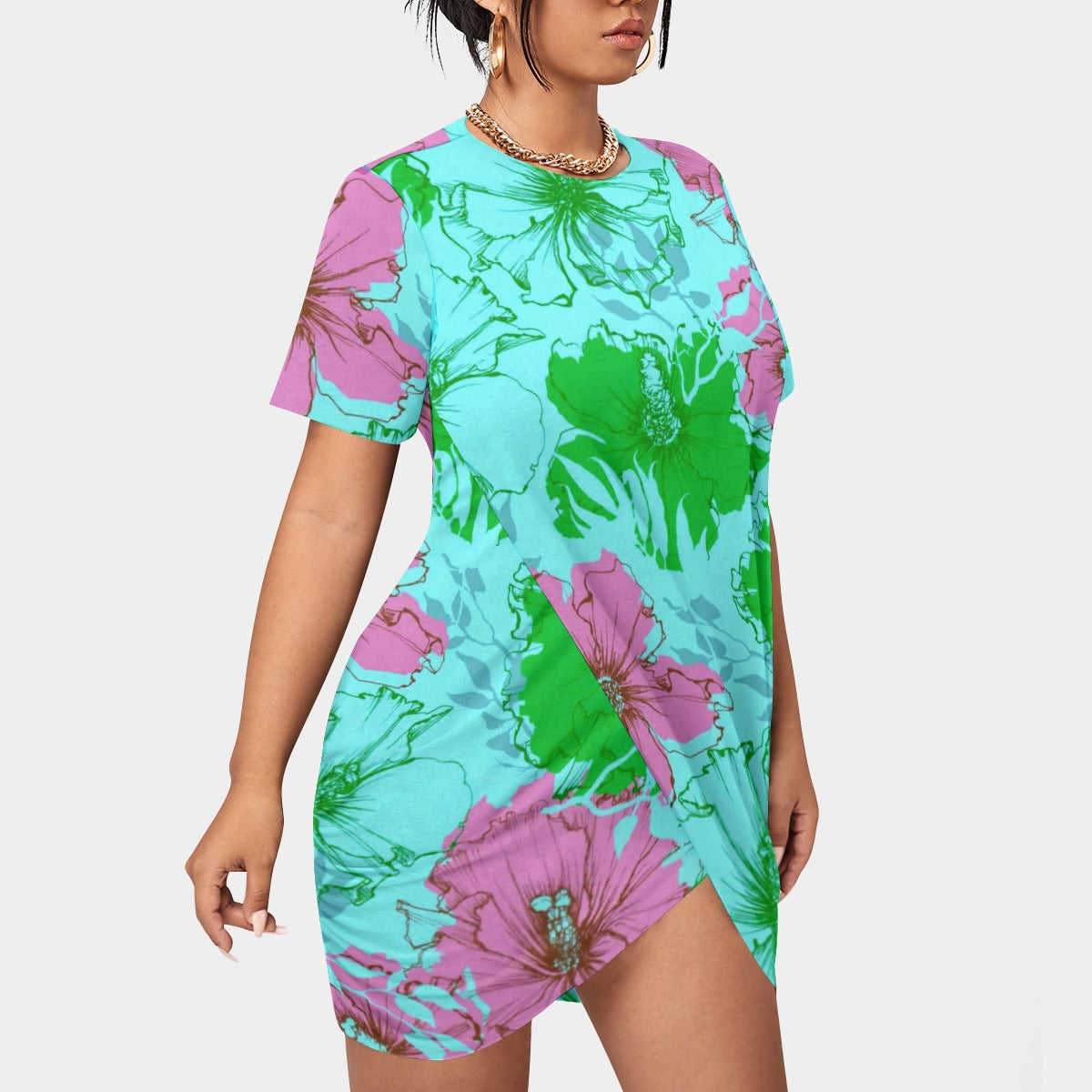 Women’s Tropical Summer Stacked Hem Dress With Short Sleeve(Plus Size)