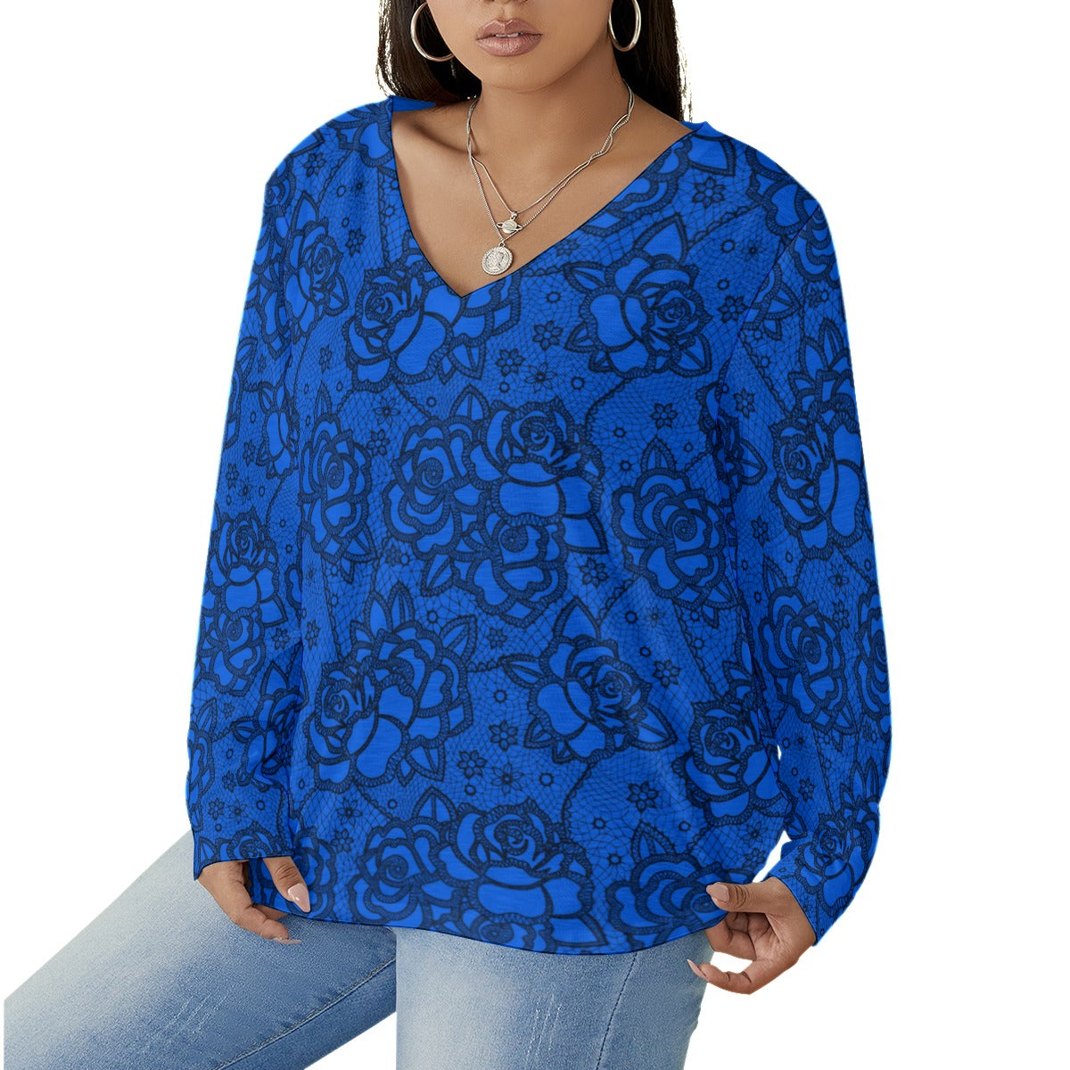 Women's Blue Lace Style Roses V-neck T-shirt With Curved Hem(Plus Size)