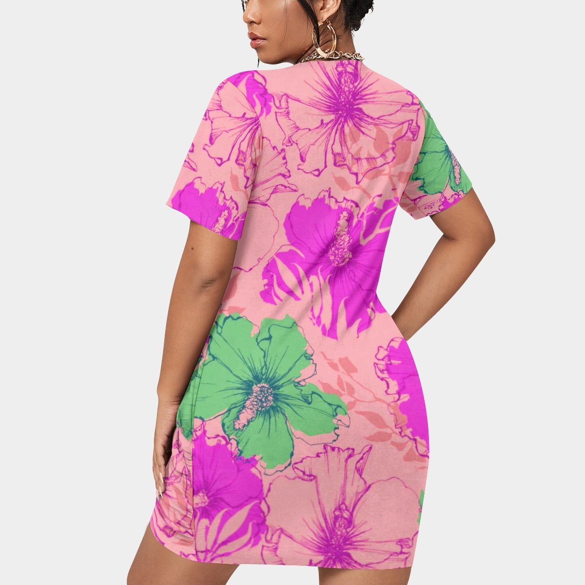 Women’s Tropical Summer Stacked Hem Dress With Short Sleeve(Plus Size)