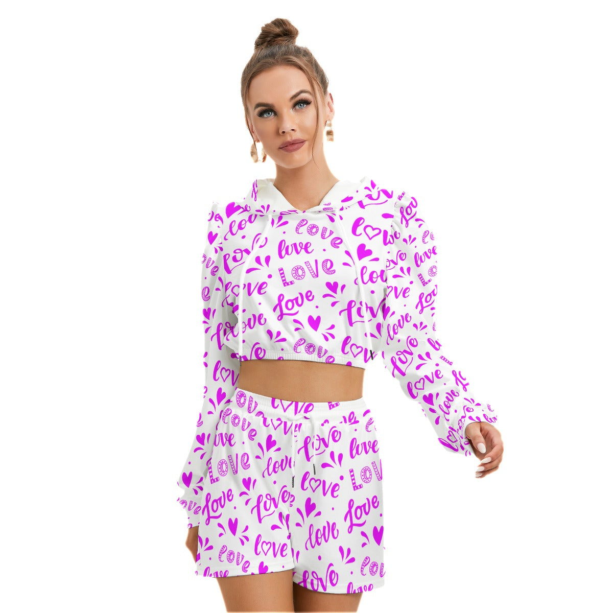 Love Pattern Women's Micro Fleece Hoodie And Shorts Set