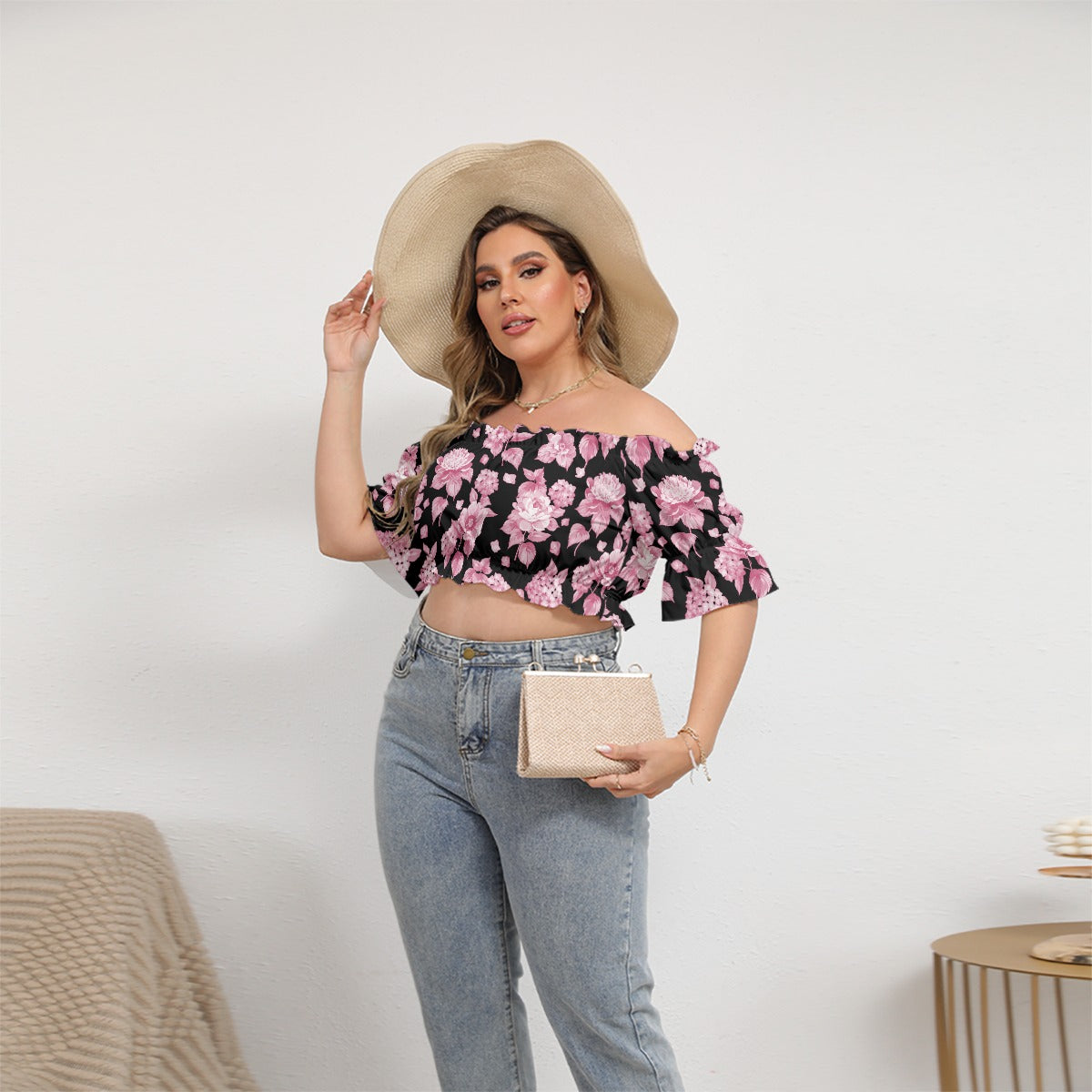 Pink Flowers Women's Black Off-shoulder Cropped Top With Short Puff Sleeve