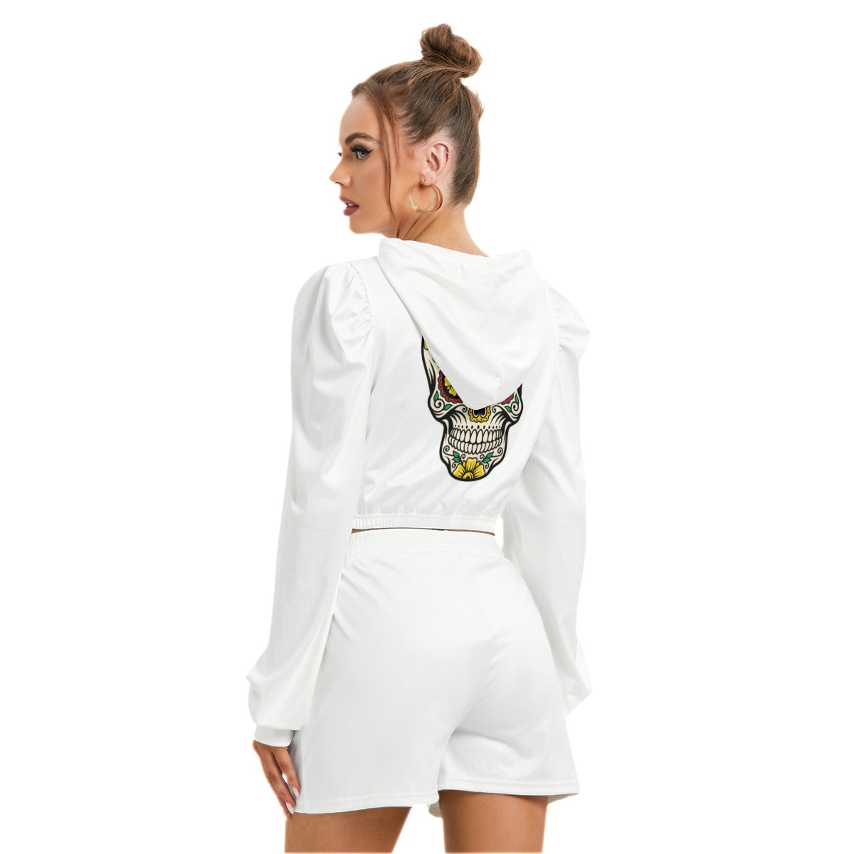 Sugar Skull White Women's Micro Fleece Hoodie And Shorts Set