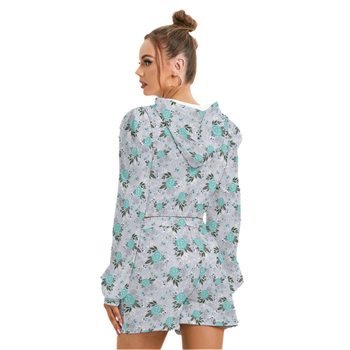 Cute Teal Flowers Women's Micro Fleece Hoodie And Shorts Set