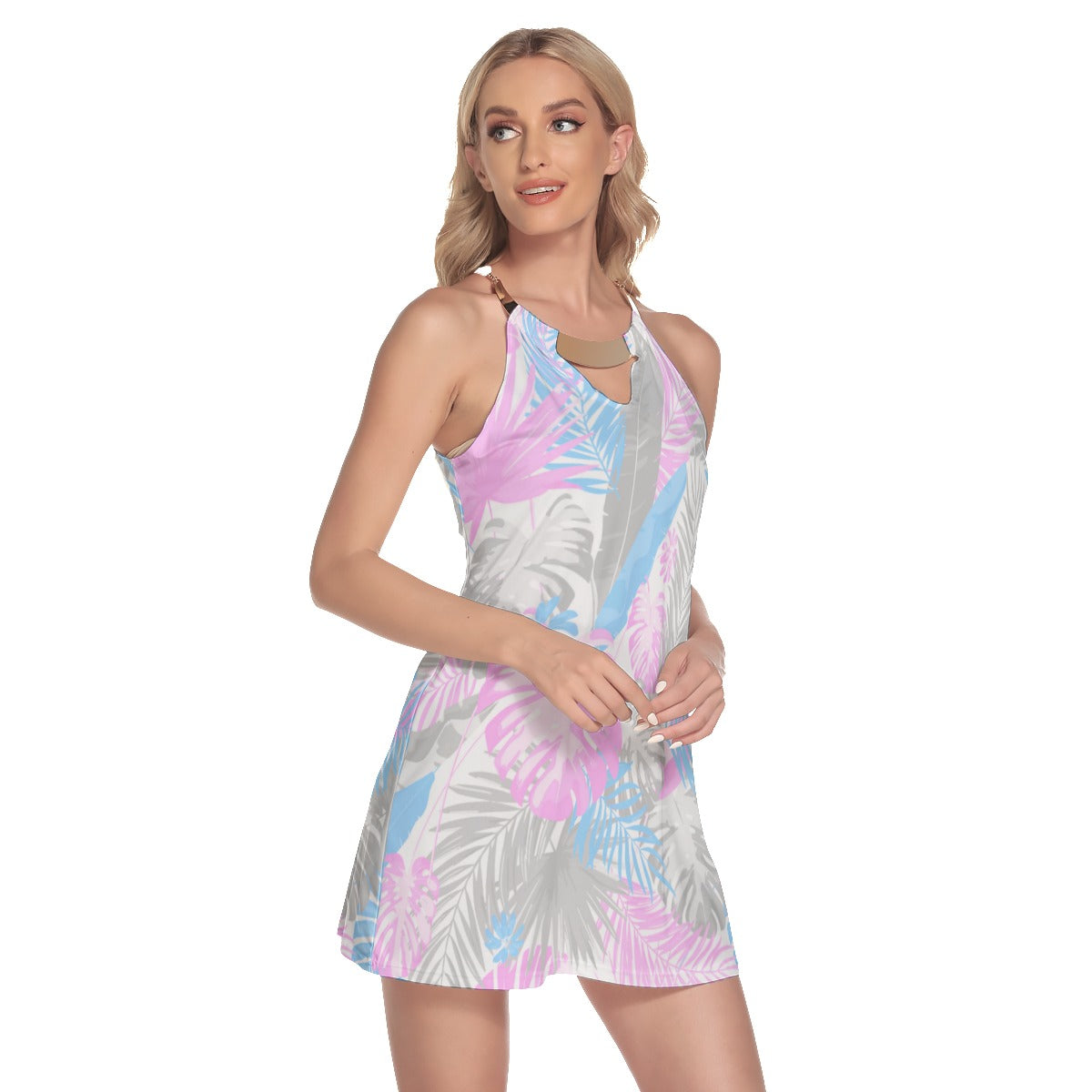 Tropical Exotic Leaves Women's Round Neck Above Knee Dress