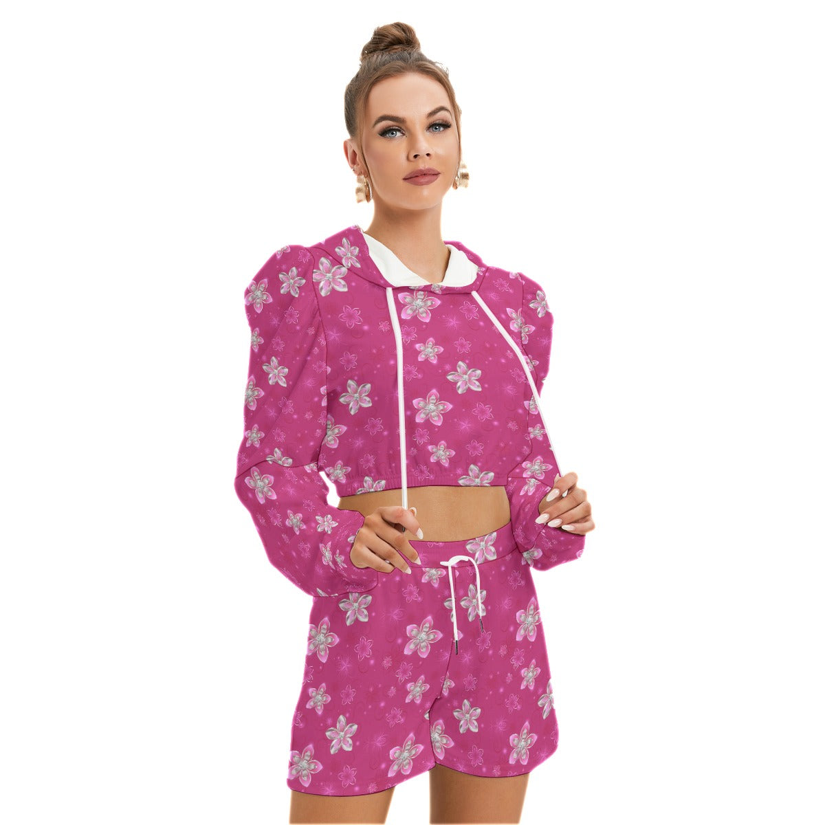 Pink With Silver Flowers Women's Micro Fleece Hoodie And Shorts Set