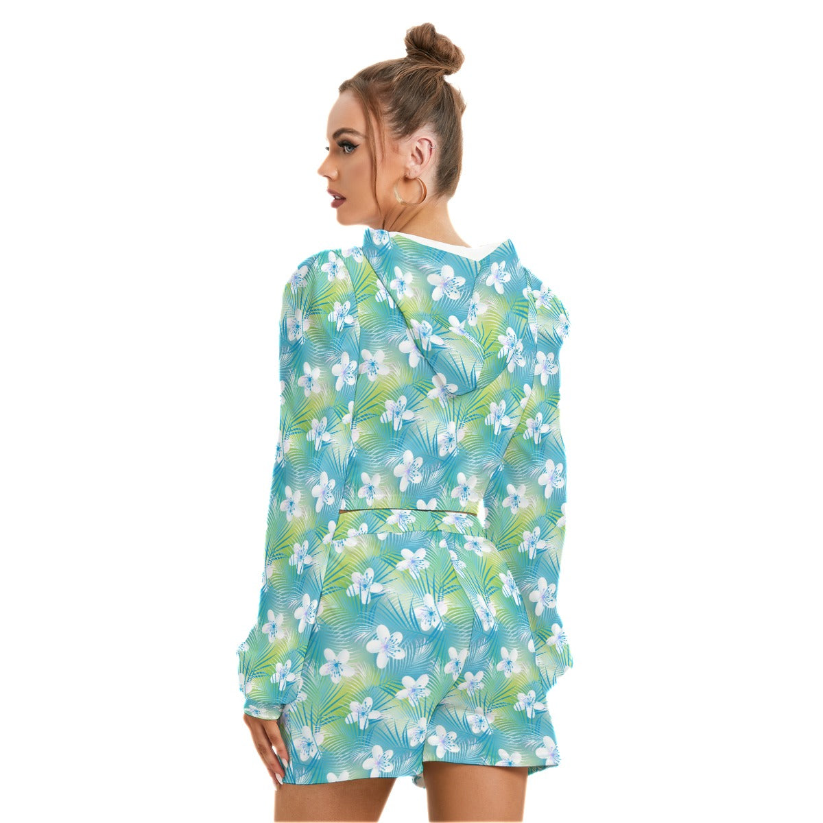 Tropical Frangipani Hibiscus With Palms Women's Micro Fleece Hoodie And Shorts Set