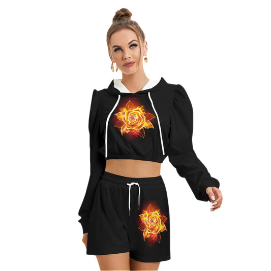 Blooming Orange Rose Women's Micro Fleece Hoodie And Shorts Set