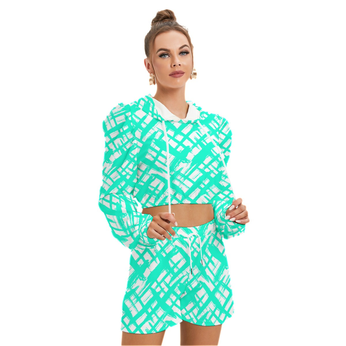 Teal Stripes & Crosses Women's Micro Fleece Hoodie And Shorts Set