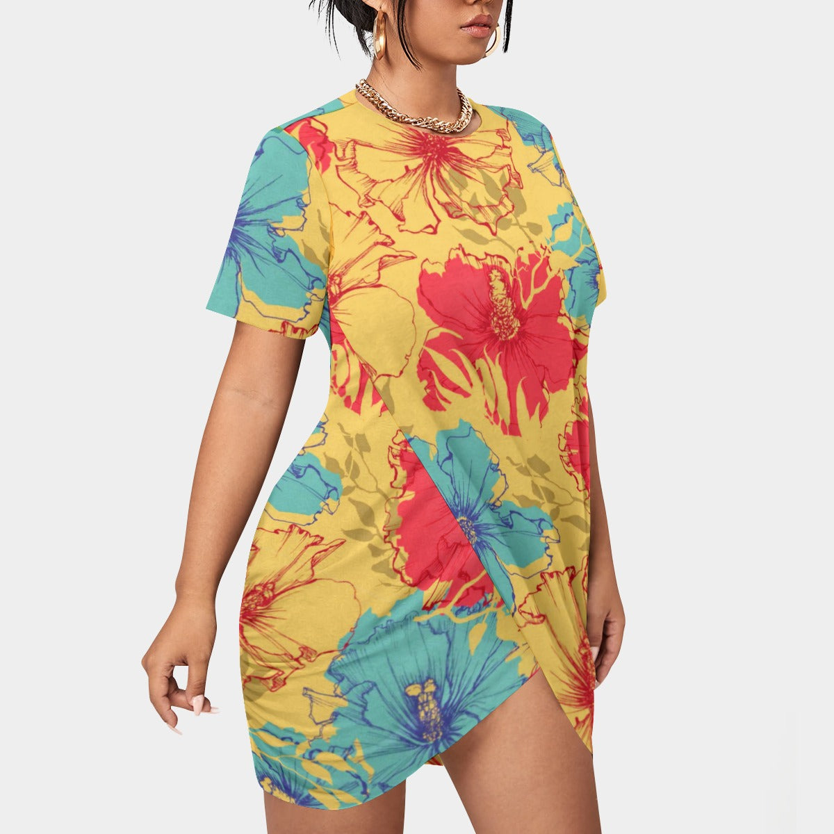 Women’s Tropical Summer Stacked Hem Dress With Short Sleeve(Plus Size)