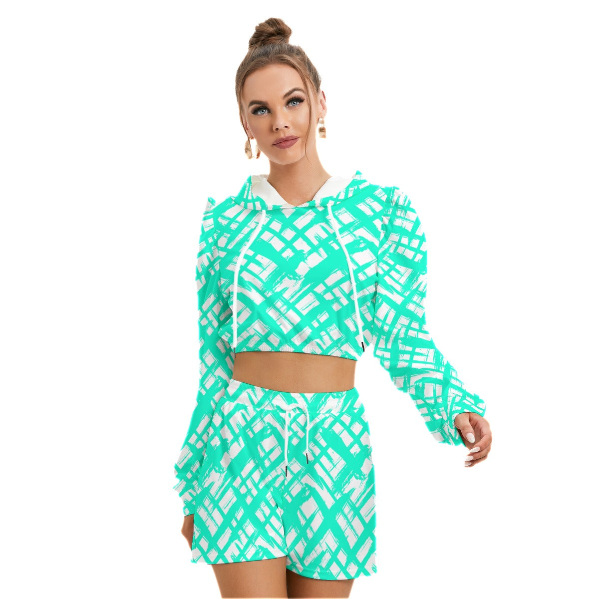 Teal Stripes & Crosses Women's Micro Fleece Hoodie And Shorts Set