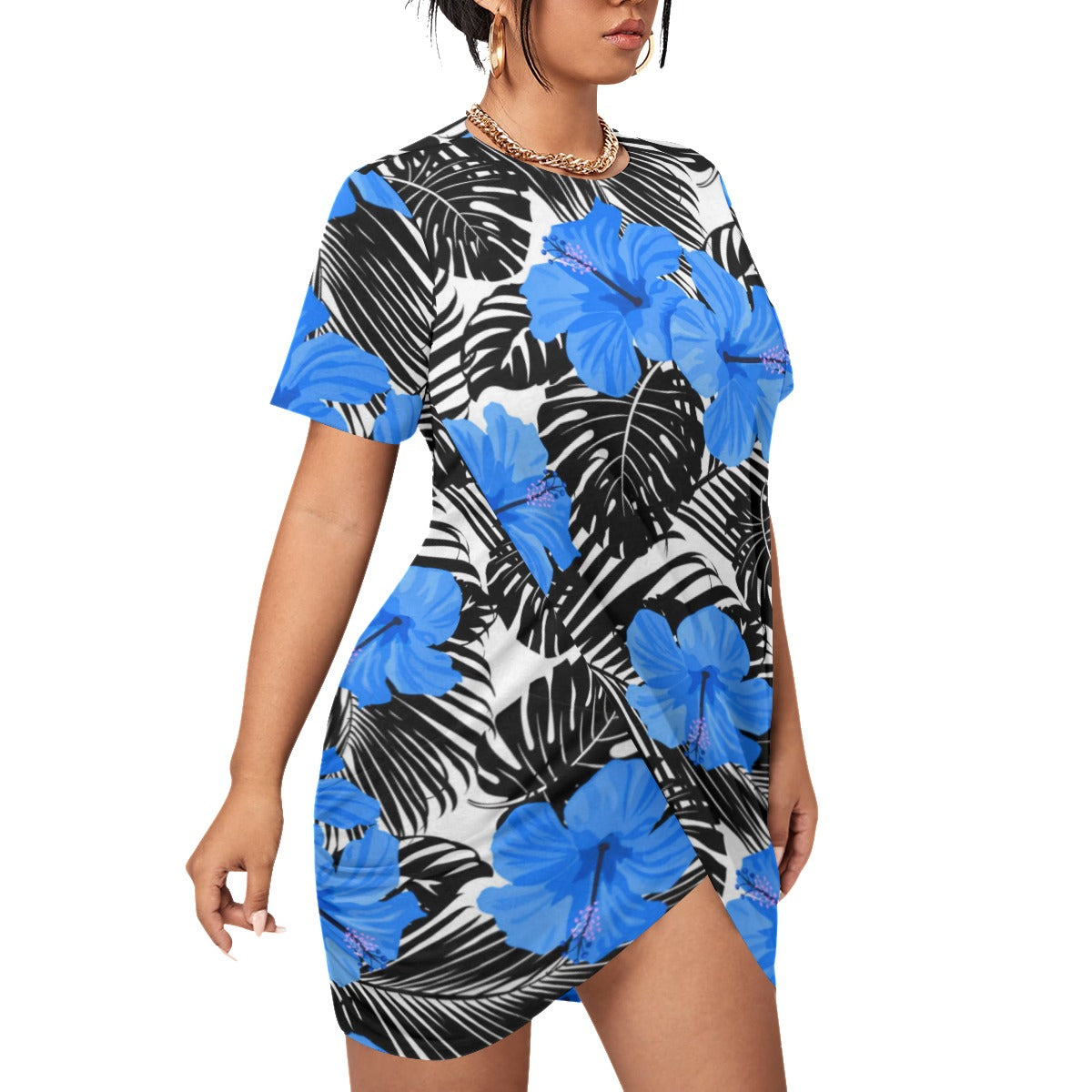 Tropic Flowers Women’s Stacked Hem Dress With Short Sleeve(Plus Size)