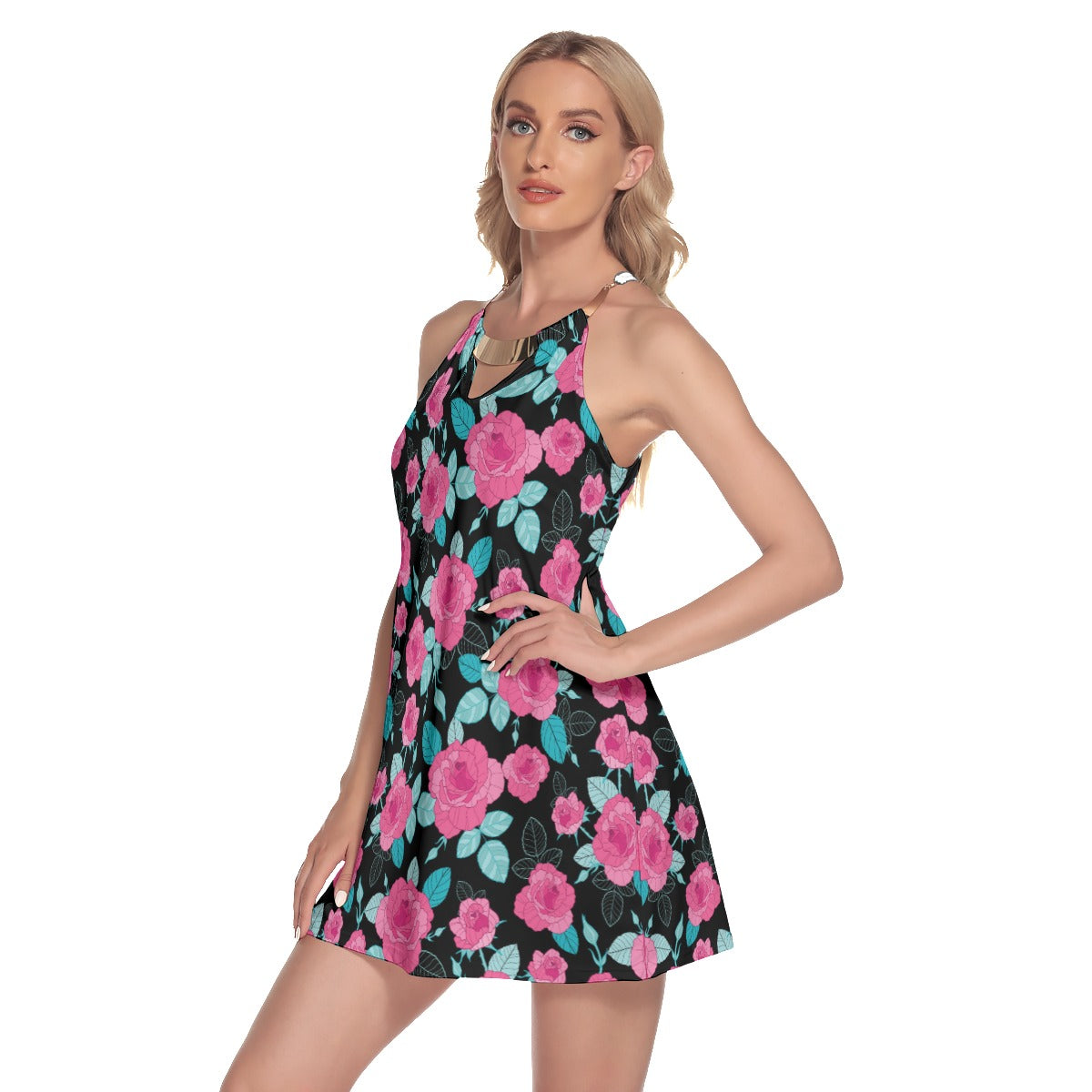 Pink Roses Women's Round Neck Above Knee Dress