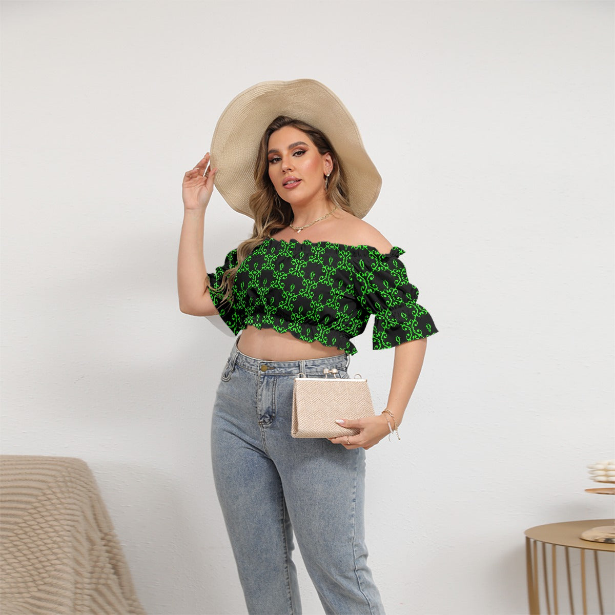 Cute Black & Green Women's Off-shoulder Cropped Top With Short Puff Sleeve