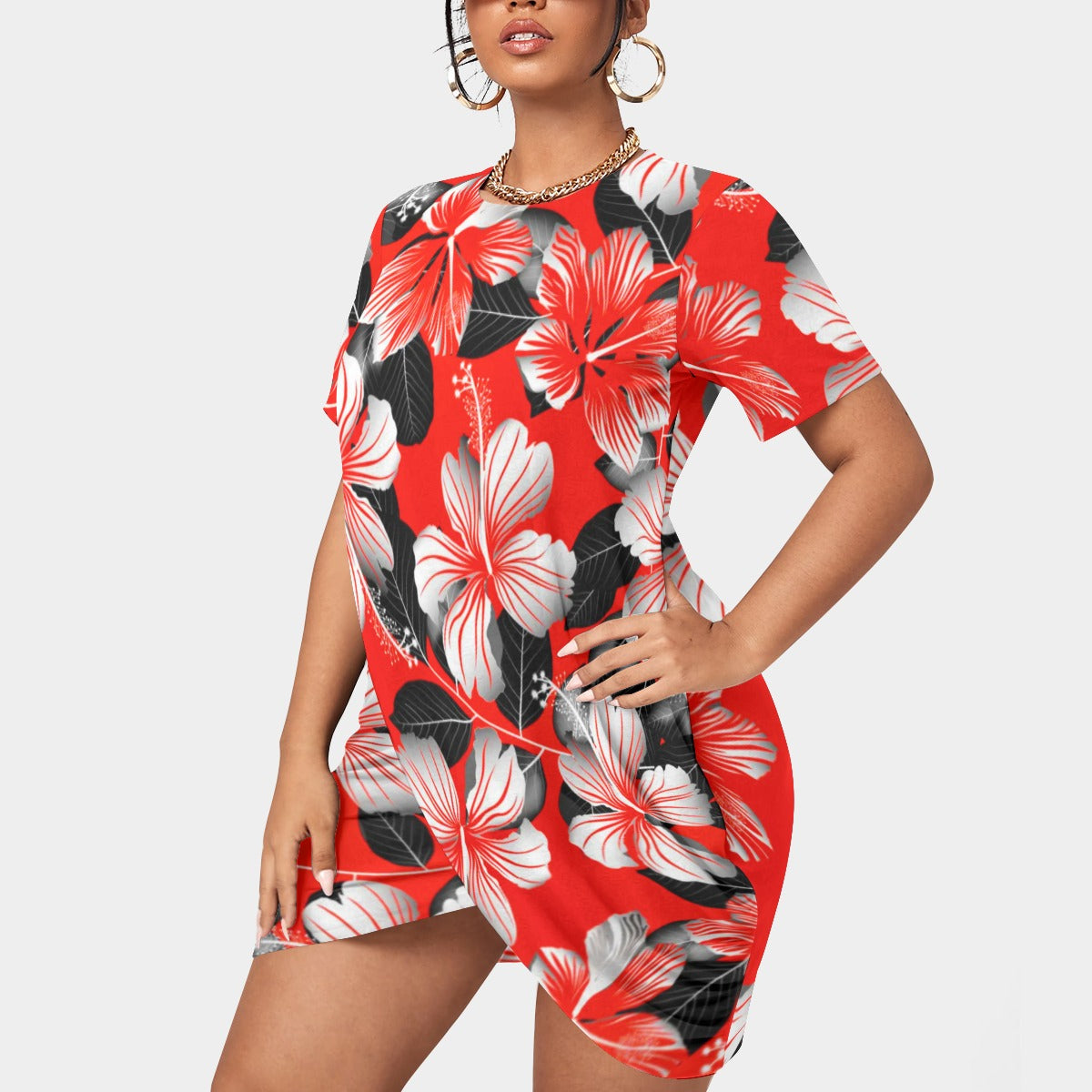 Women’s Tropic Style Stacked Hem Dress With Short Sleeve(Plus Size)