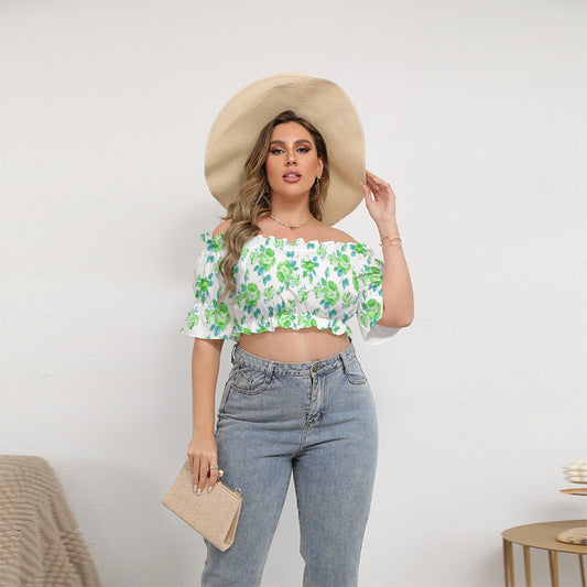 Green Roses Women's Off-shoulder Cropped Top With Short Puff Sleeve
