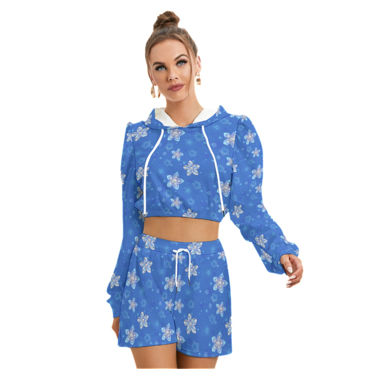 Blue With Silver Flowers Women's Micro Fleece Hoodie And Shorts Set