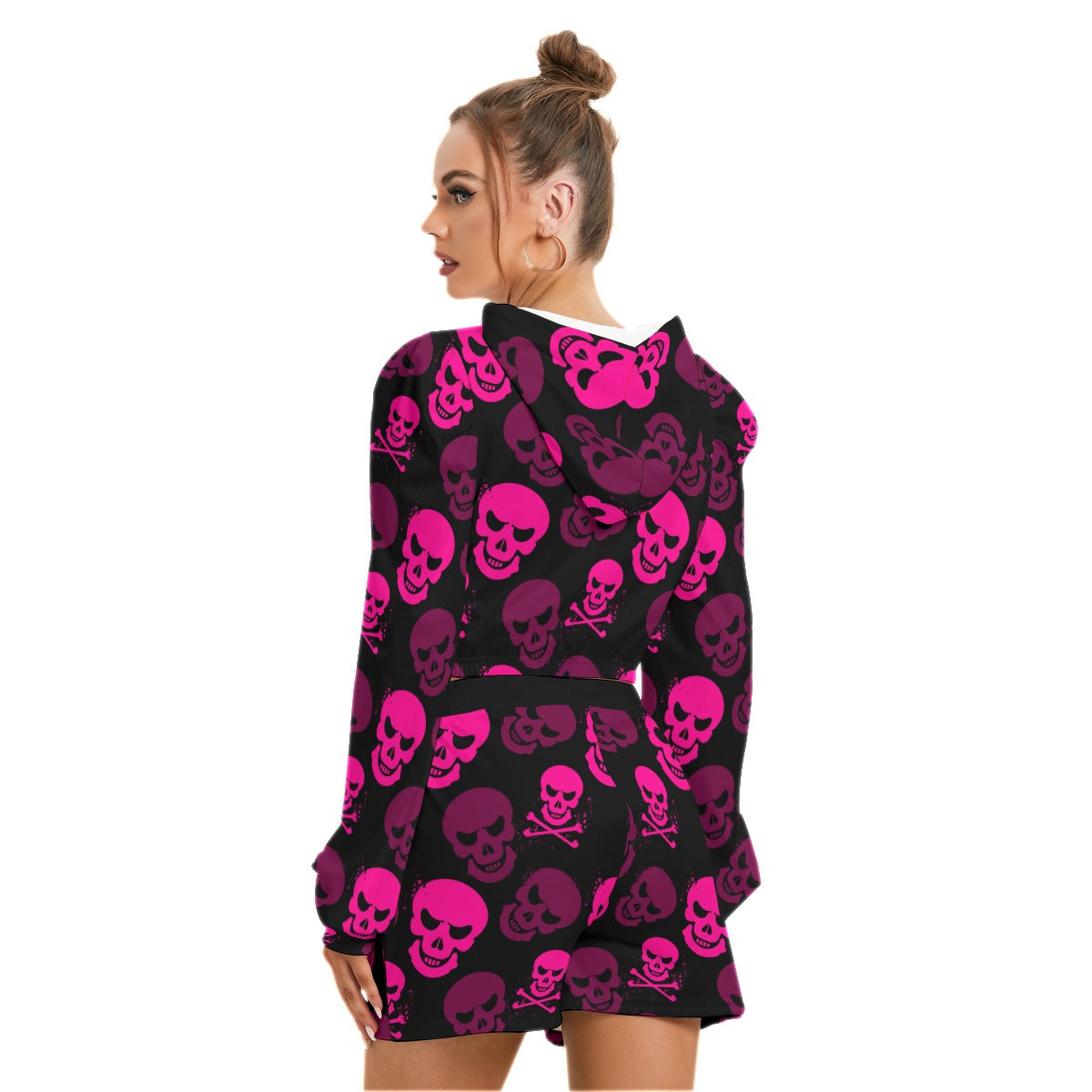 Pink Skulls Women's Micro Fleece Hoodie And Shorts Set