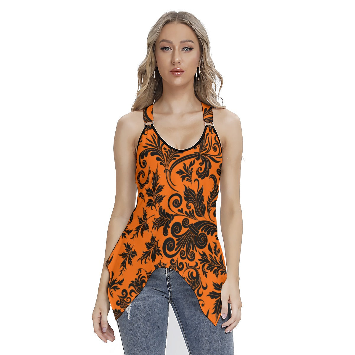 Elegant Orange With Black Flowers Women's Skinny Sport Tank Top