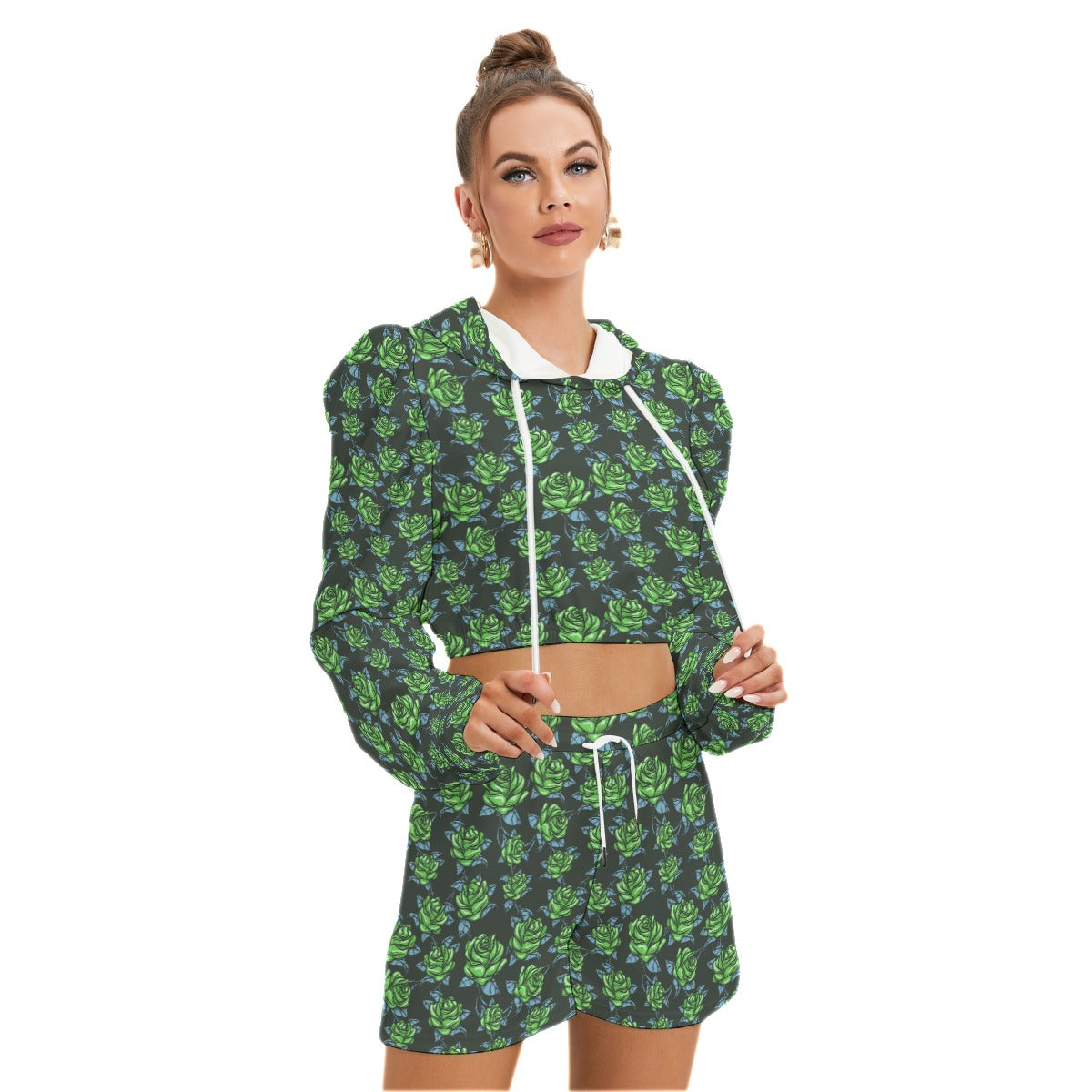 Green Roses Women's Micro Fleece Hoodie And Shorts Set