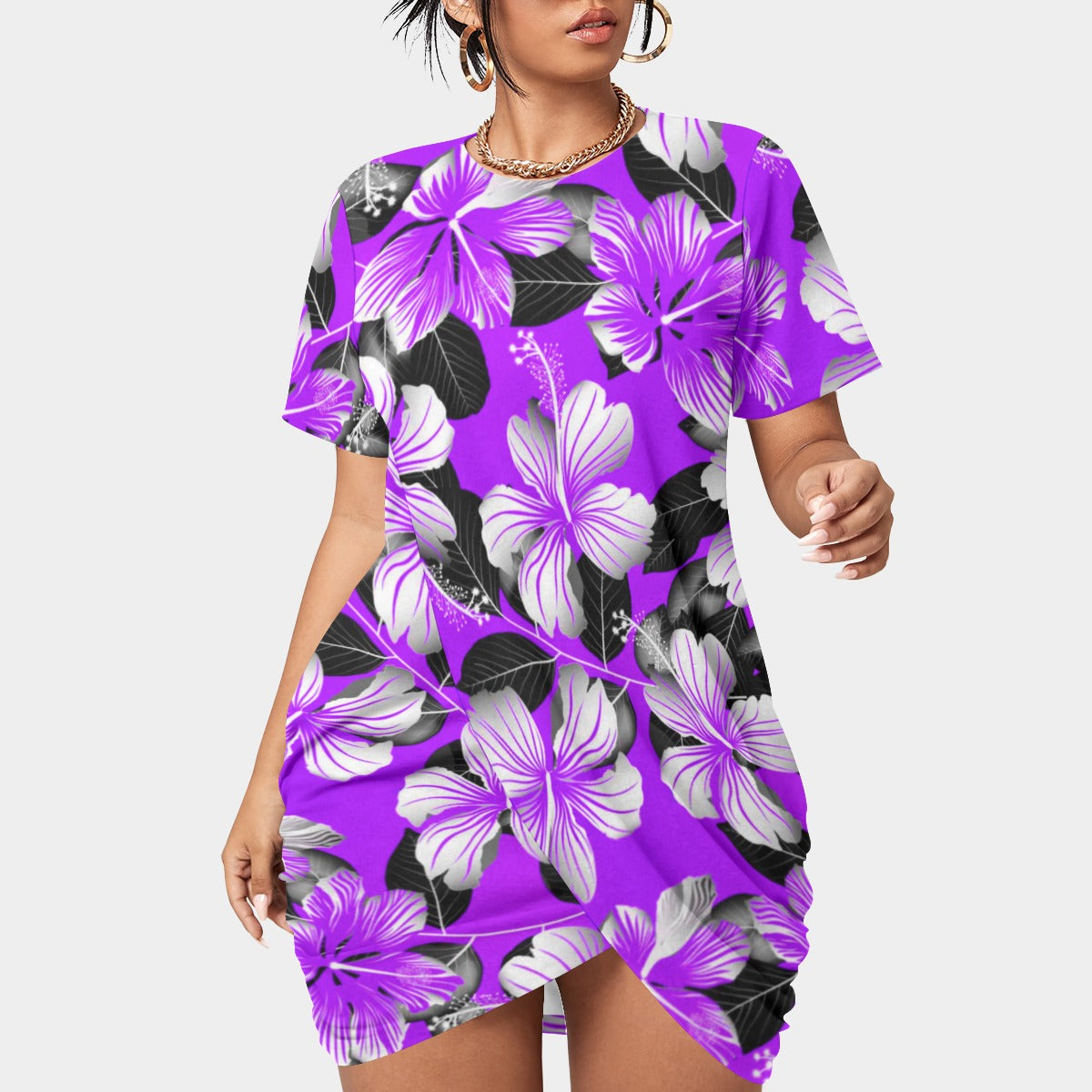 Women’s Tropic Style Stacked Hem Dress With Short Sleeve(Plus Size)