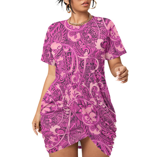 Hawaiian Style Women’s Stacked Hem Dress With Short Sleeve(Plus Size)