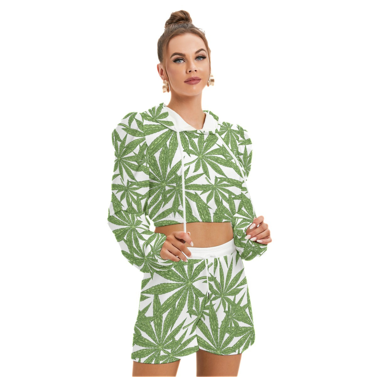 Cannabis Leaves Marijuana Women's Micro Fleece Hoodie And Shorts Set