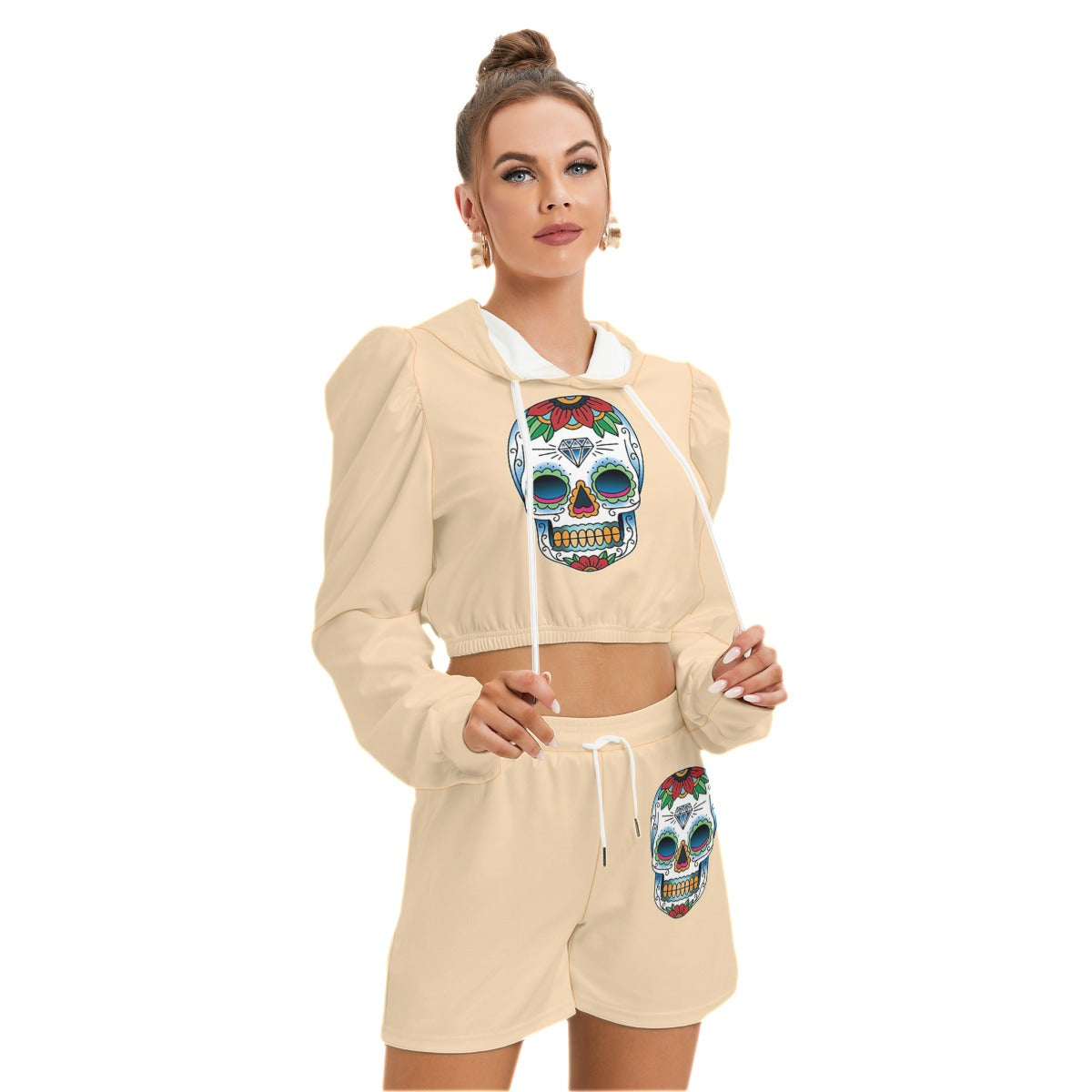 Sugar Skull Tan Women's Micro Fleece Hoodie And Shorts Set