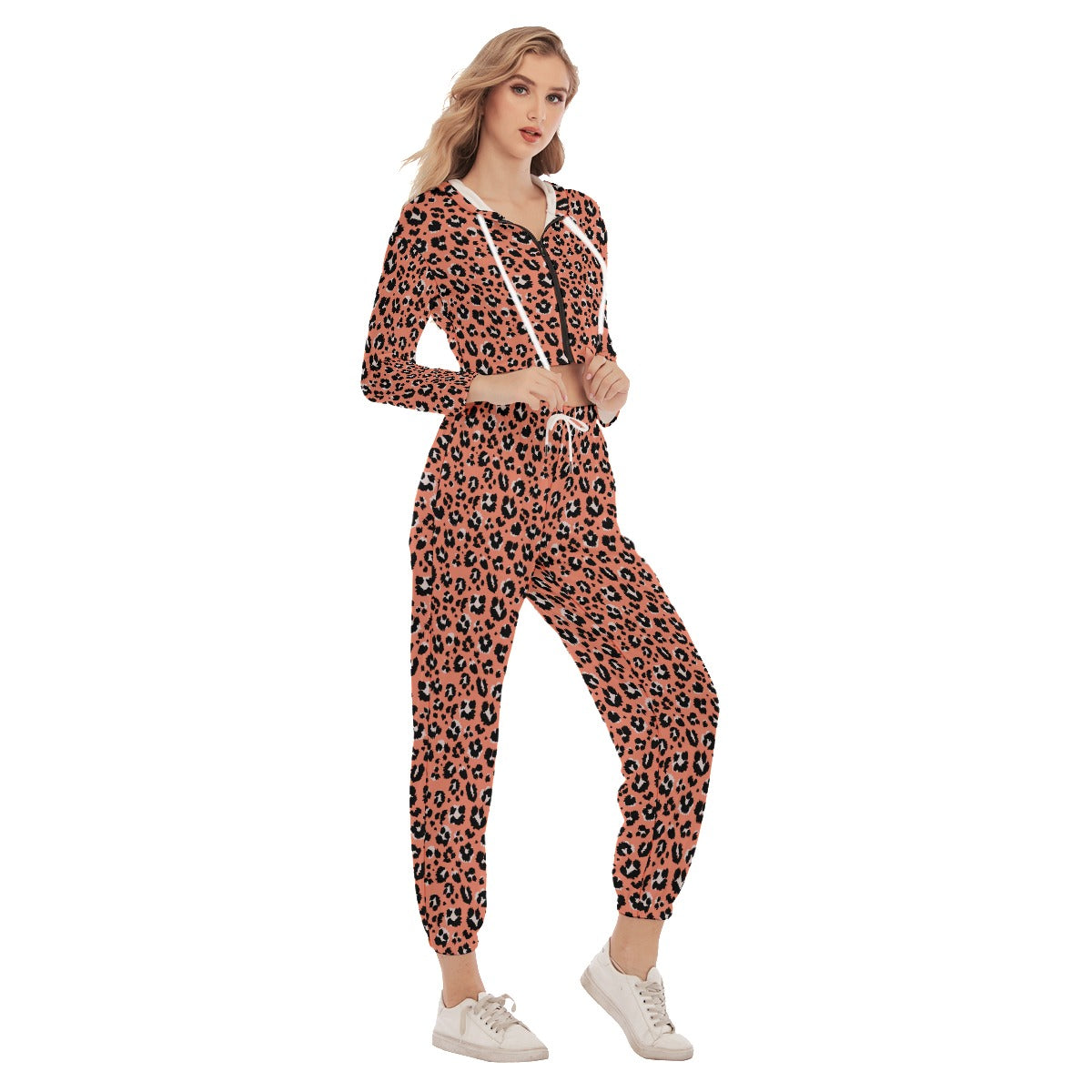 Bellafontes Peach & Black Animal Print Women's Crop Hoodie Sports Sets