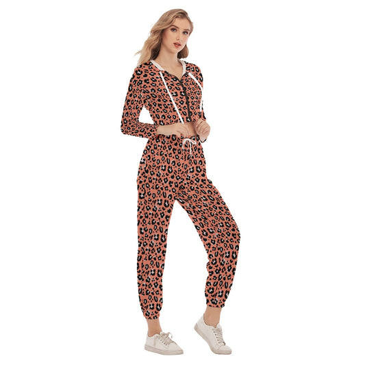 Bellafontes Peach & Black Animal Print Women's Crop Hoodie Sports Sets