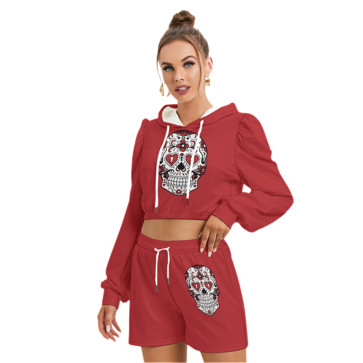 Sugar Skull Red Women's Micro Fleece Hoodie And Shorts Set