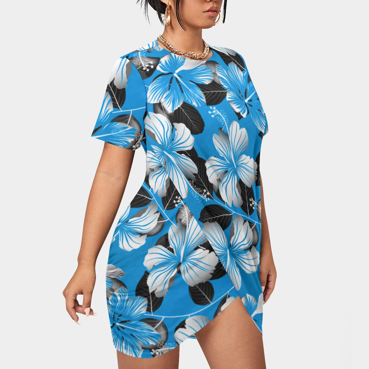 Women’s Tropic Style Stacked Hem Dress With Short Sleeve(Plus Size)
