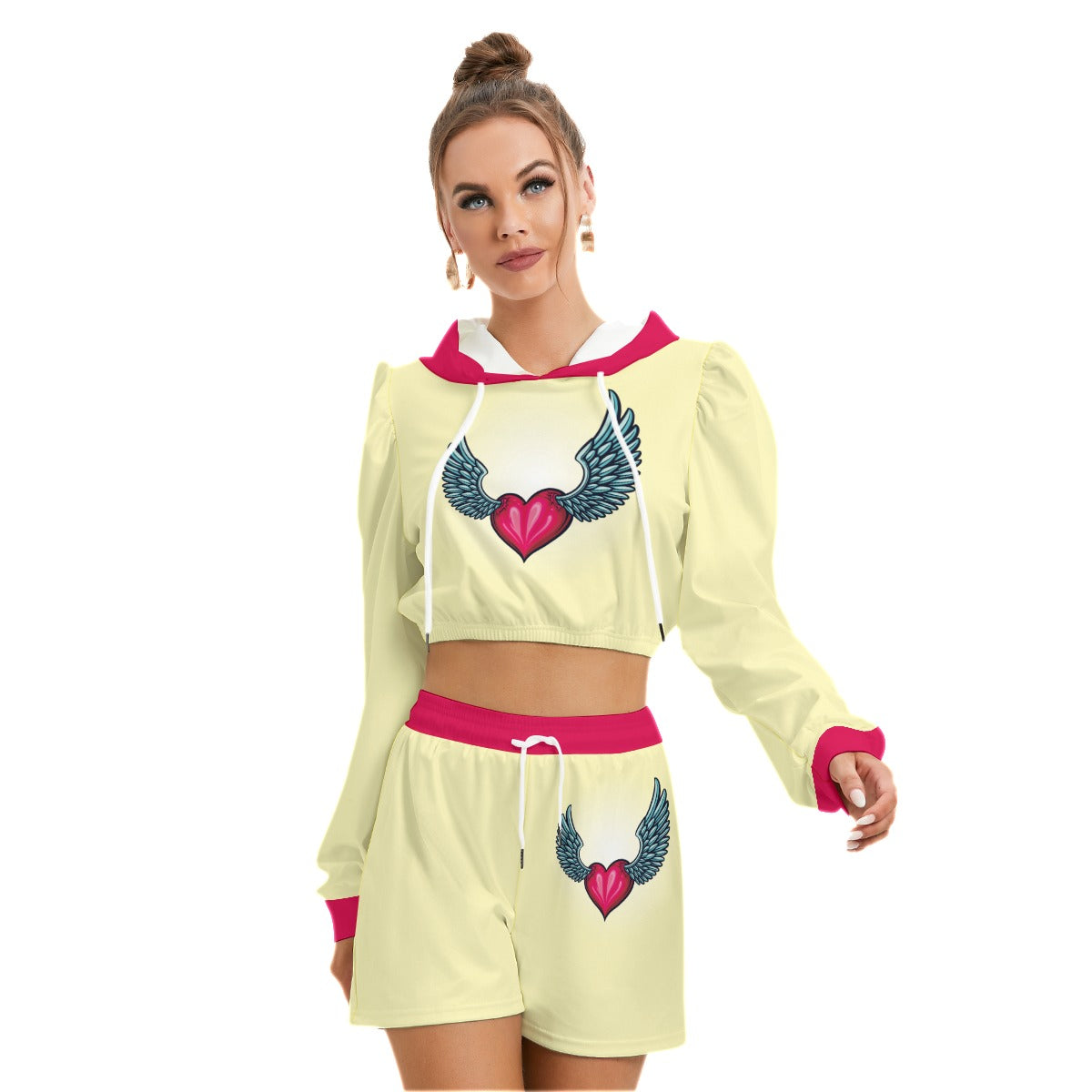 Cute Heart Love With Wings Women's Micro Fleece Hoodie And Shorts Set