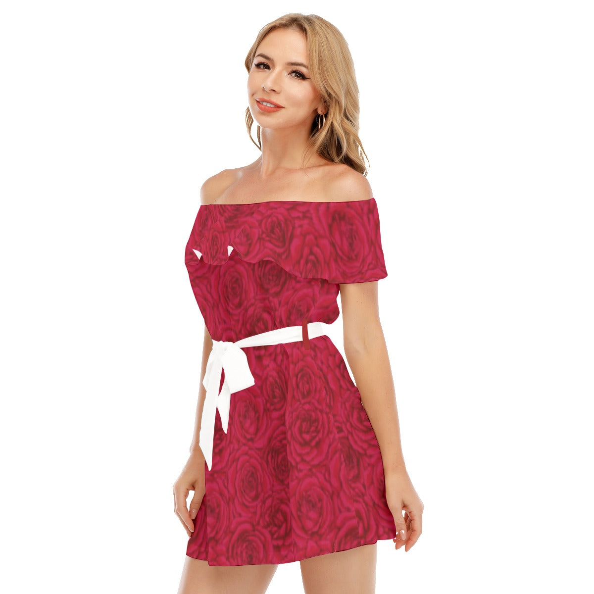 Red Roses Off-shoulder Dress With Ruffle