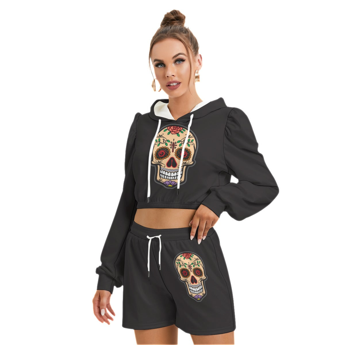 Sugar Skull Black Women's Micro Fleece Hoodie And Shorts Set