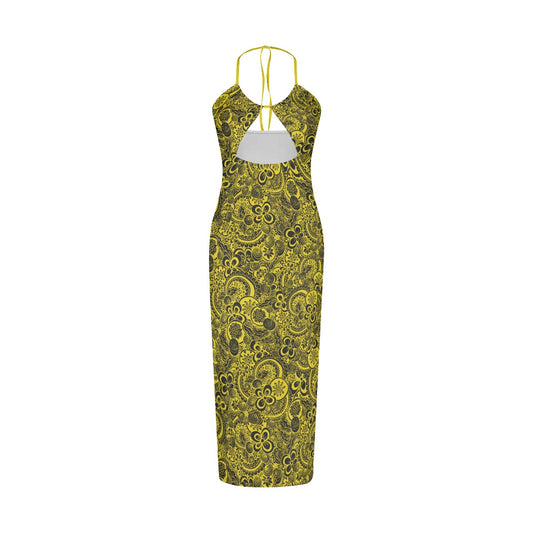 Yellow With Black Flowers Women's Sexy Hollow Cami Dress