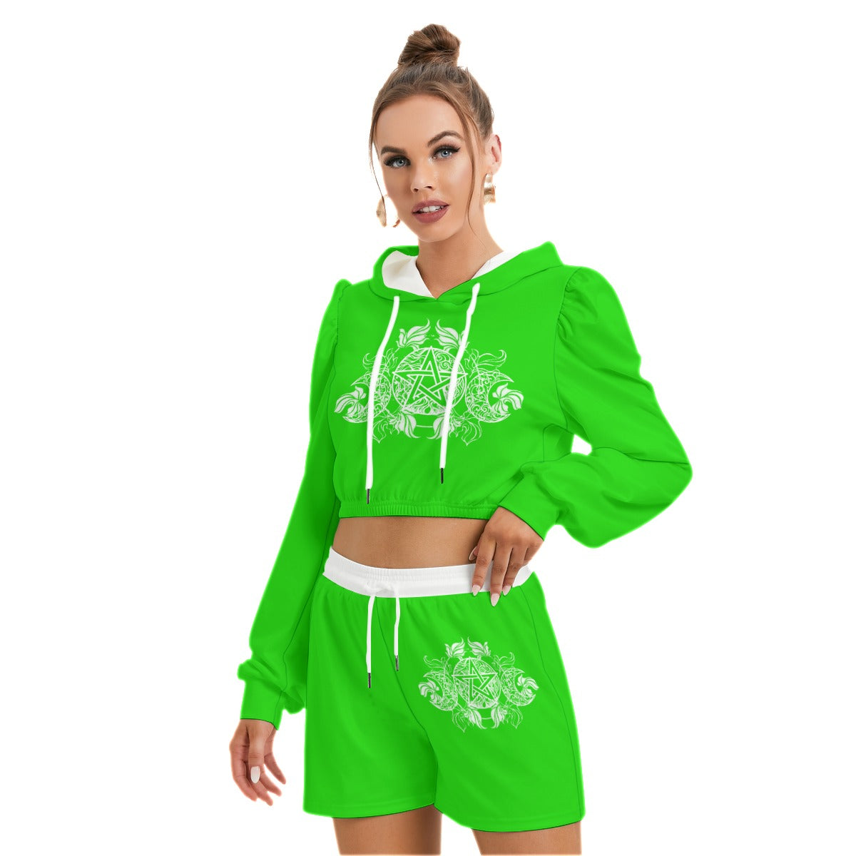 Green & White Pentagram With Leaves Women's Micro Fleece Hoodie And Shorts Set