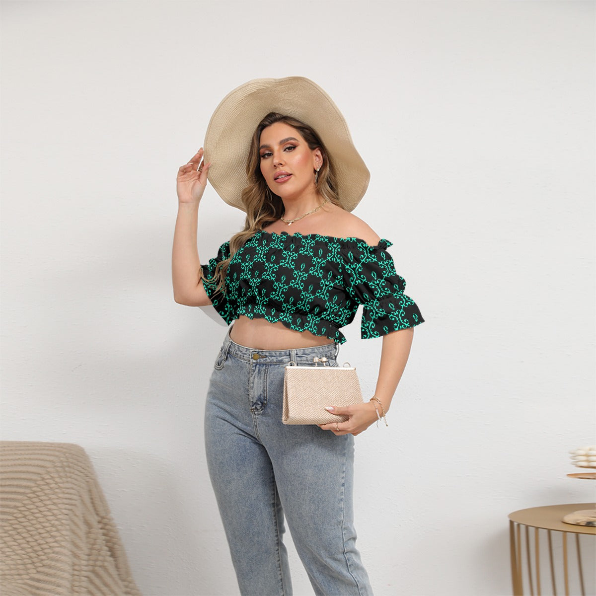 Cute Black & Teal Women's Off-shoulder Cropped Top With Short Puff Sleeve